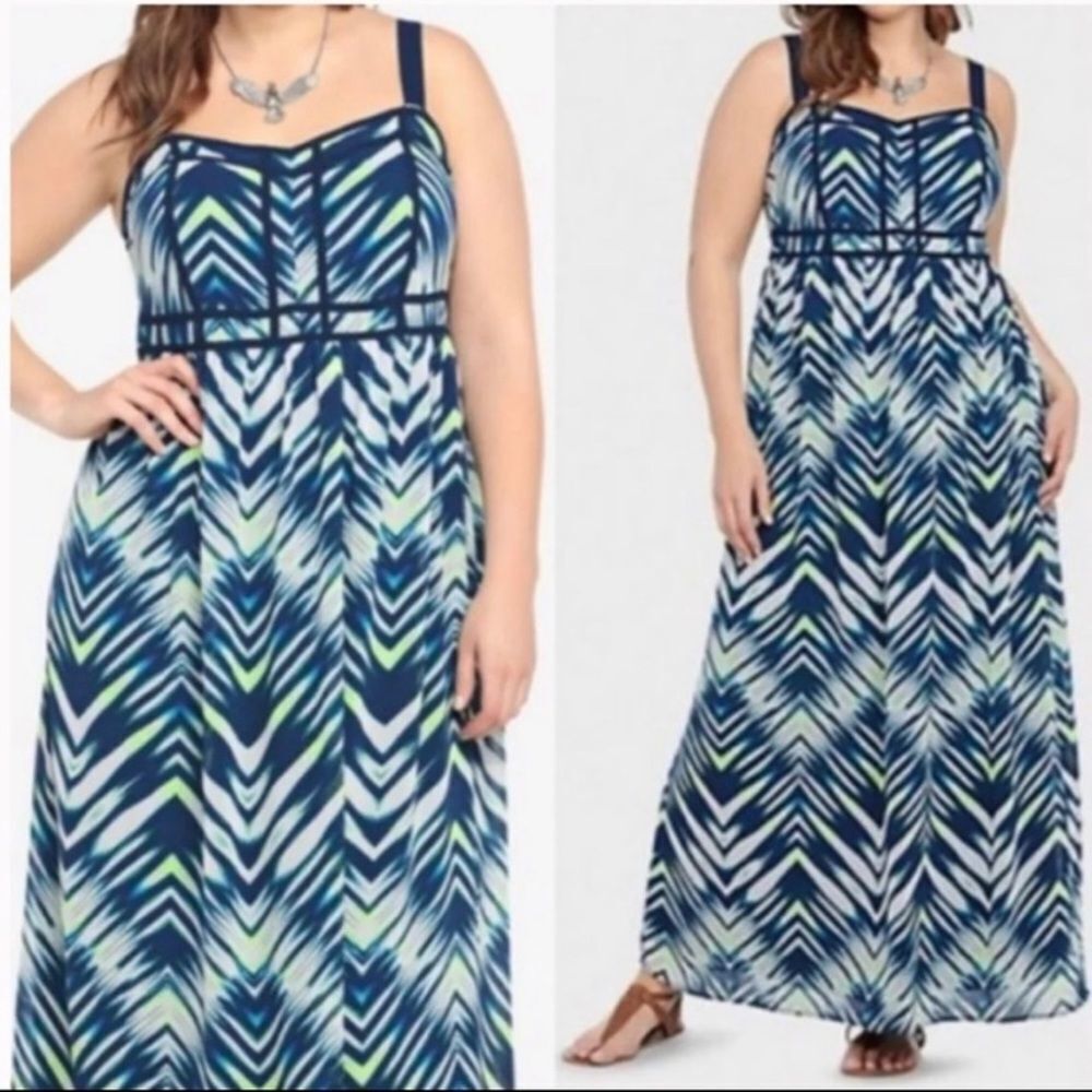TORRID Blue and White Chevron Sleeveless Sweetheart Neck Maxi Dress